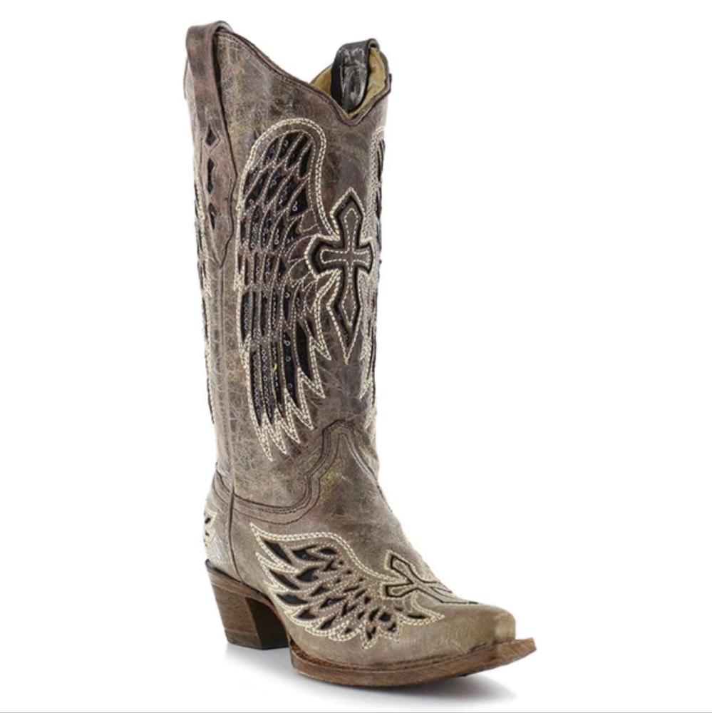 CORRAL A1241 distressed taupe/black winged cross black sequins cowgirl boots sz9